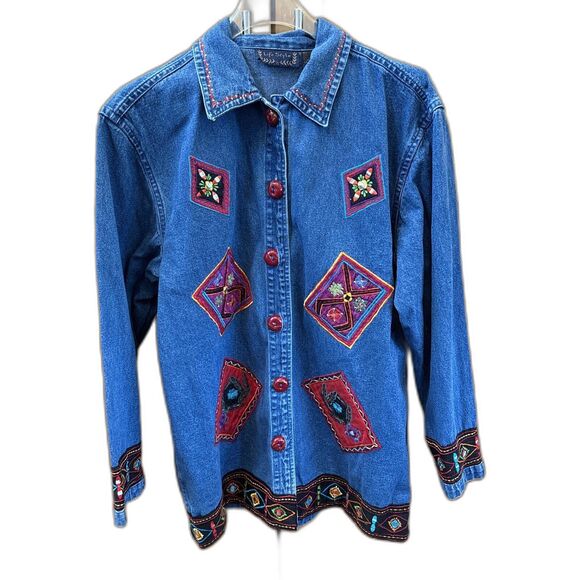Life Style Women Denim Jacket Embroidered Appliqué Blue Art To Wear S Cotton - Picture 11 of 11